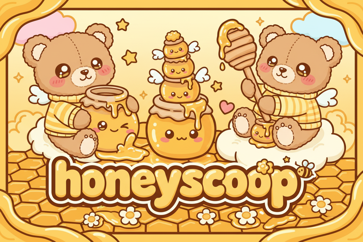 Orsetti e barattolimi di miele carini stile cartone  kawai , dolci , con scritta honeyscoop 